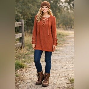 Military Hippie Rust Lace Up V-Neck w/ Metal Grommet Details Knit Sweater Sz L